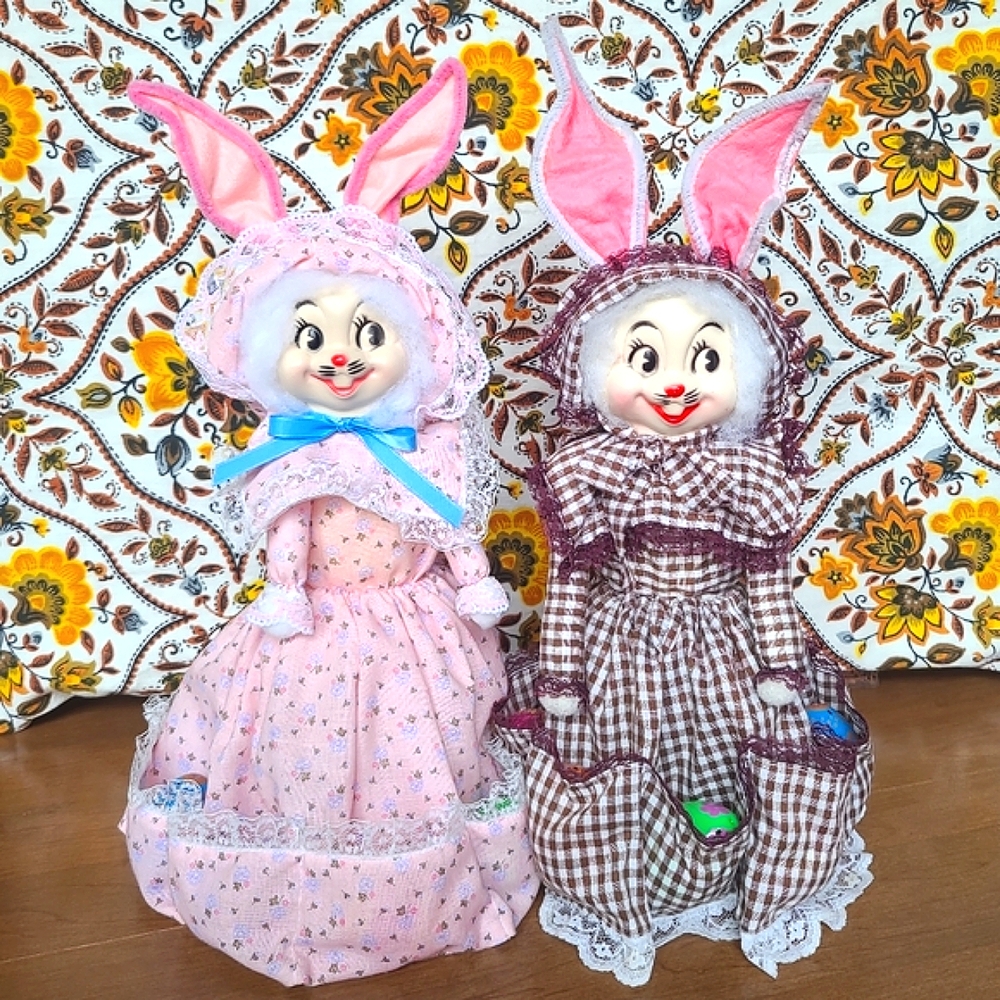 Vtg Easter Bunny Egg Display Dolls Handmade Plastic Face Kitschy Kitsch Lace 15"